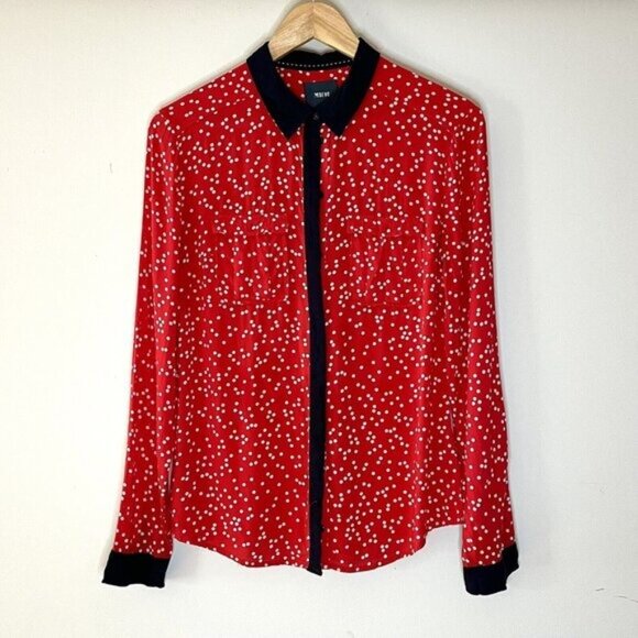 Anthropologie Maeve sz 6 Button Down Polka Dot Blouse Shirt Navy Red Long Sleev - Picture 5 of 14